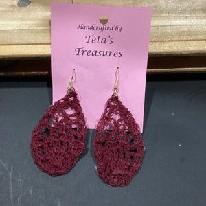 Earrings Burgundy Leaf Crocheted Crochet Hand Crafted